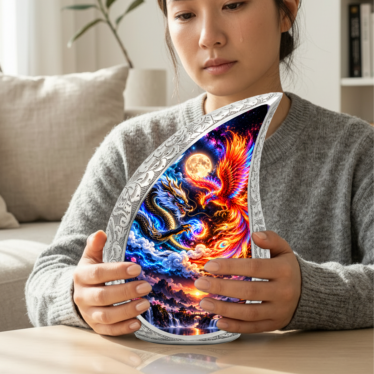 Dragon and Phoenix Cremation Urn for Ashes, Mythical Bird Adult Memorial Urn