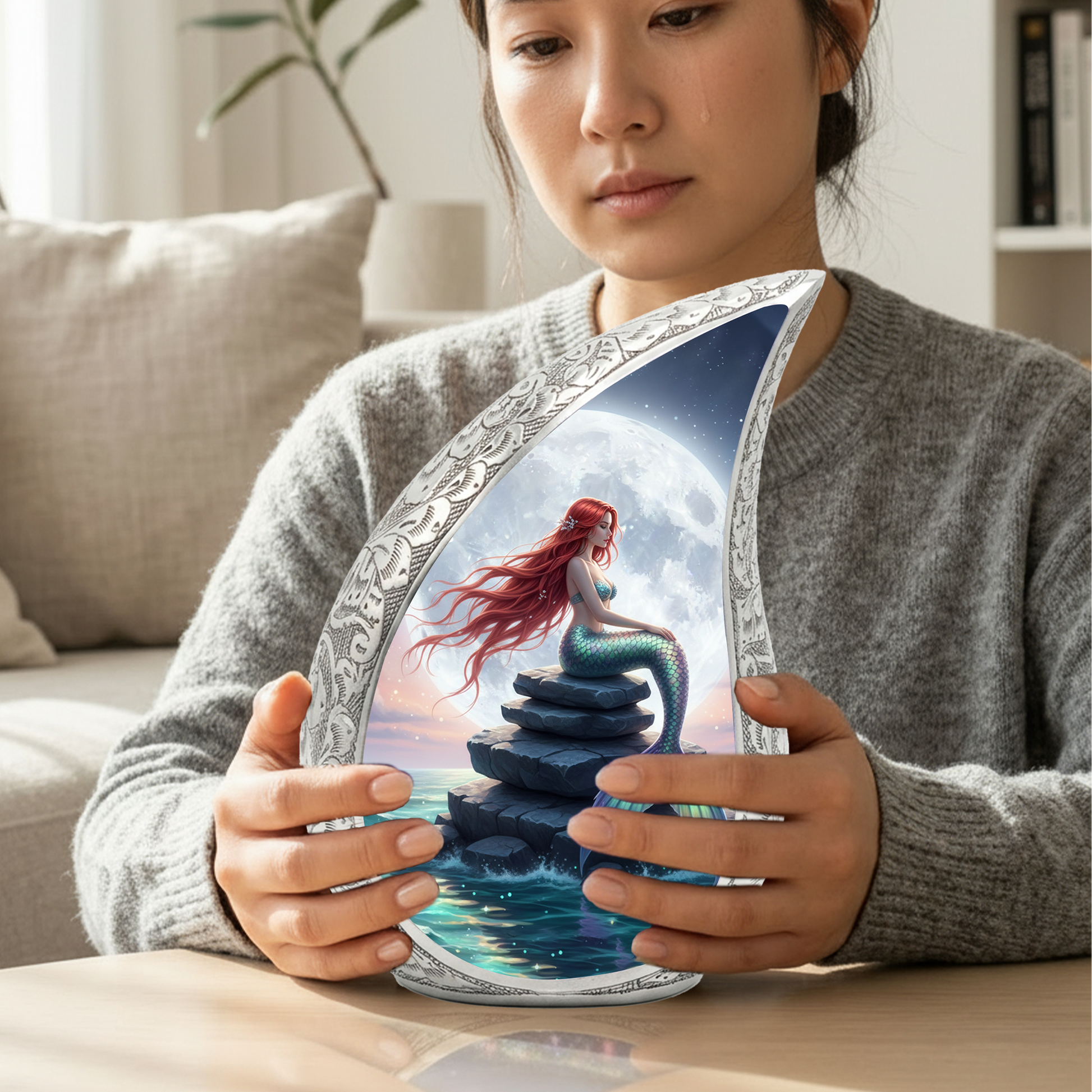 Mermaid Personalized Cremation Urn for Mom – Teardrop Style Aluminum Memorial Urn, 10 Inch