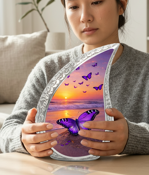 Butterfly Sunset Personalized Cremation Urn – Teardrop Style Aluminum Memorial Urn, 10 Inch