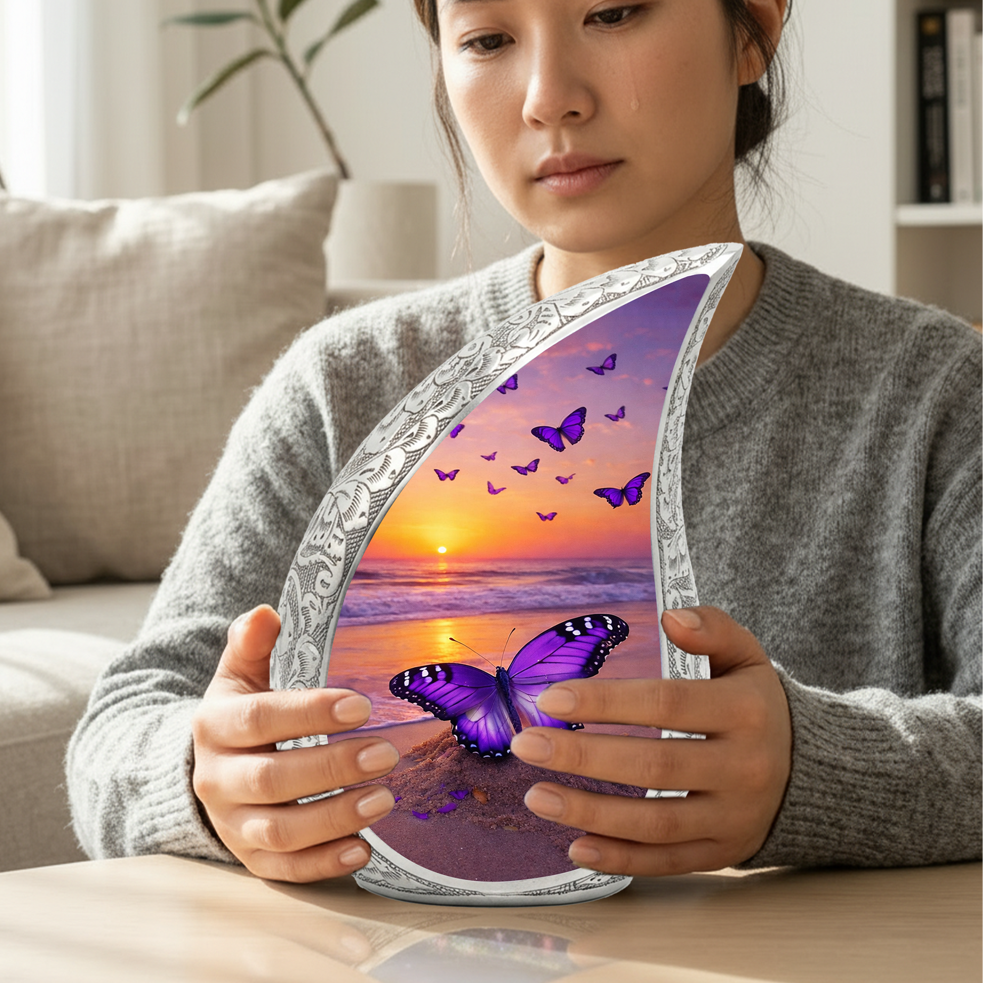 Butterfly Sunset Personalized Cremation Urn – Teardrop Style Aluminum Memorial Urn, 10 Inch