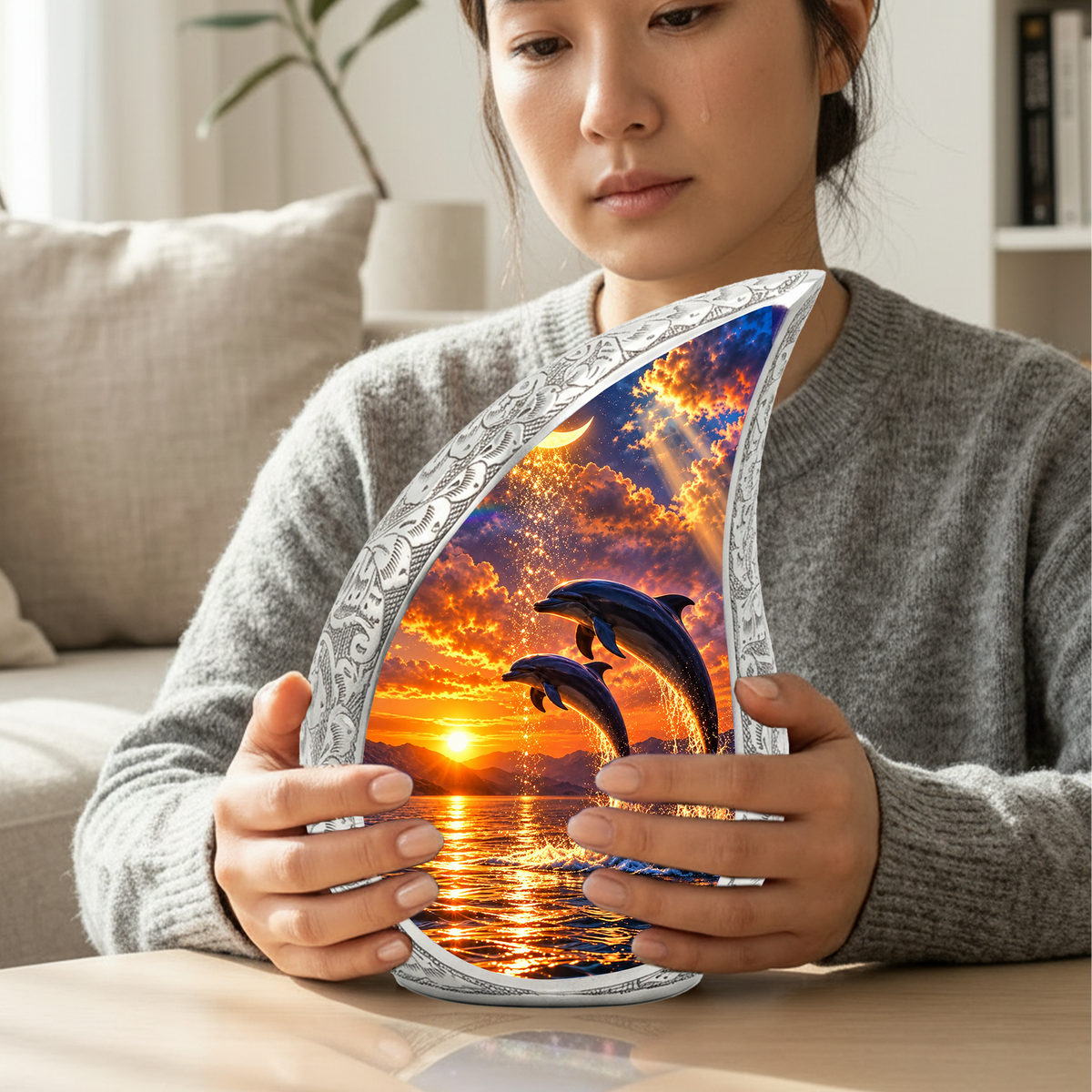 Dolphin Cremation Urn for Mom -  Ocean Sunset Memorial Keepsake Urns