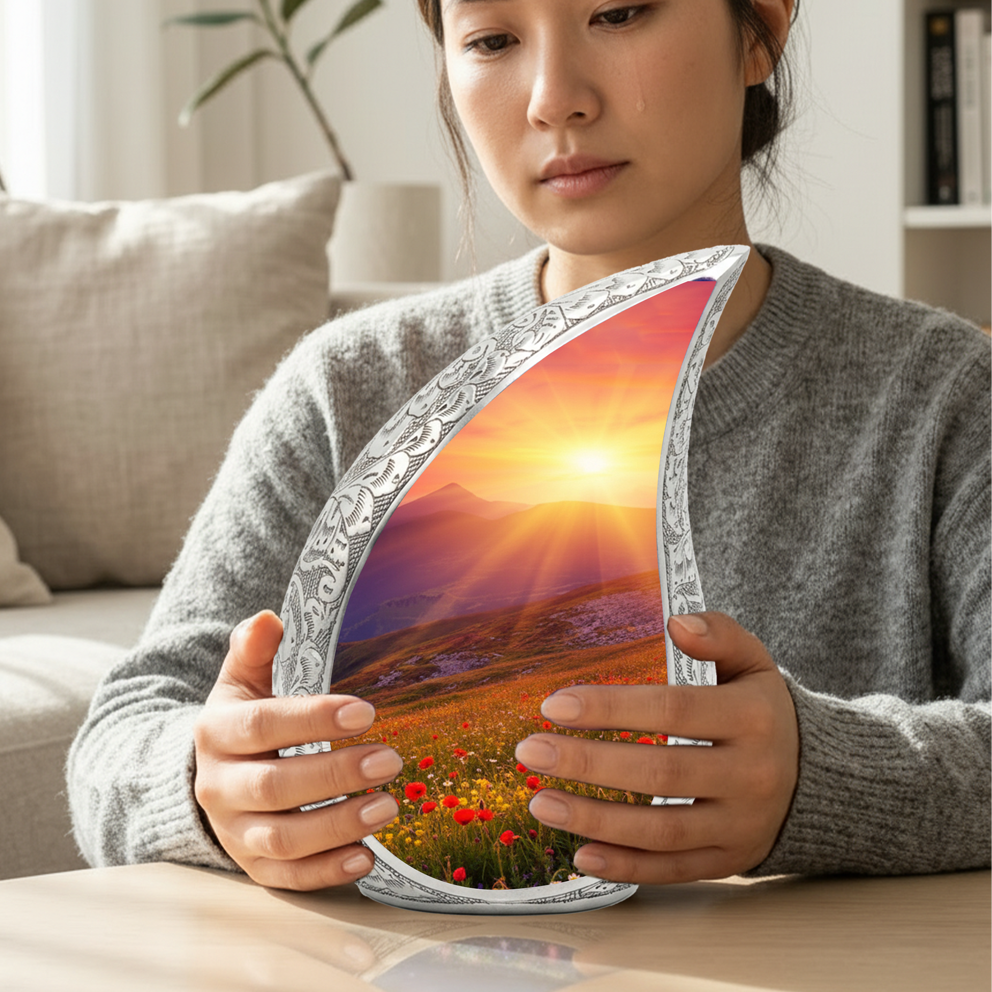 Sunrise Personalized Cremation Urn – Teardrop Style Aluminum Memorial Urn, 10 Inch