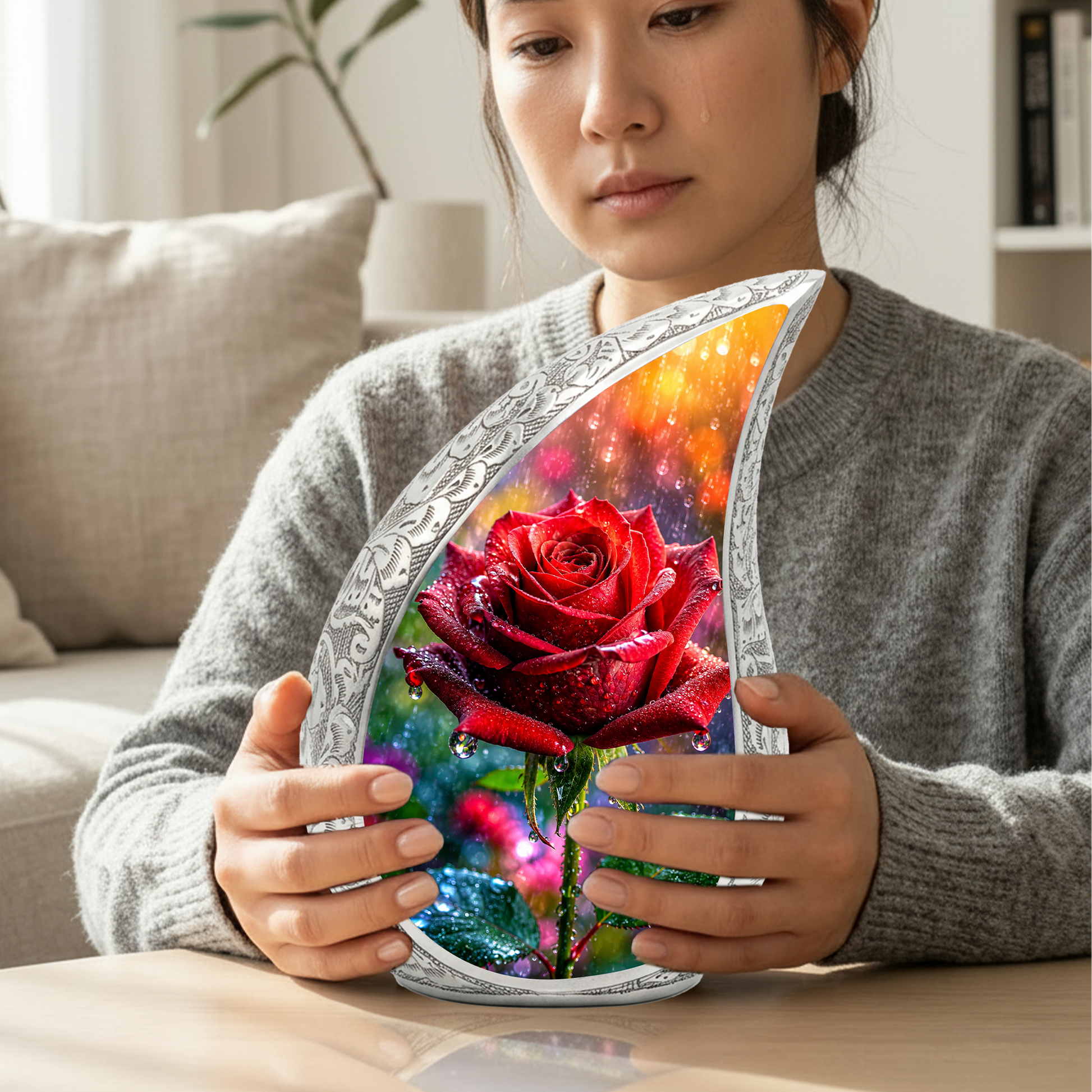 Red Rose Memorial Urn for Mom, Elegant Cremation Urn for Women