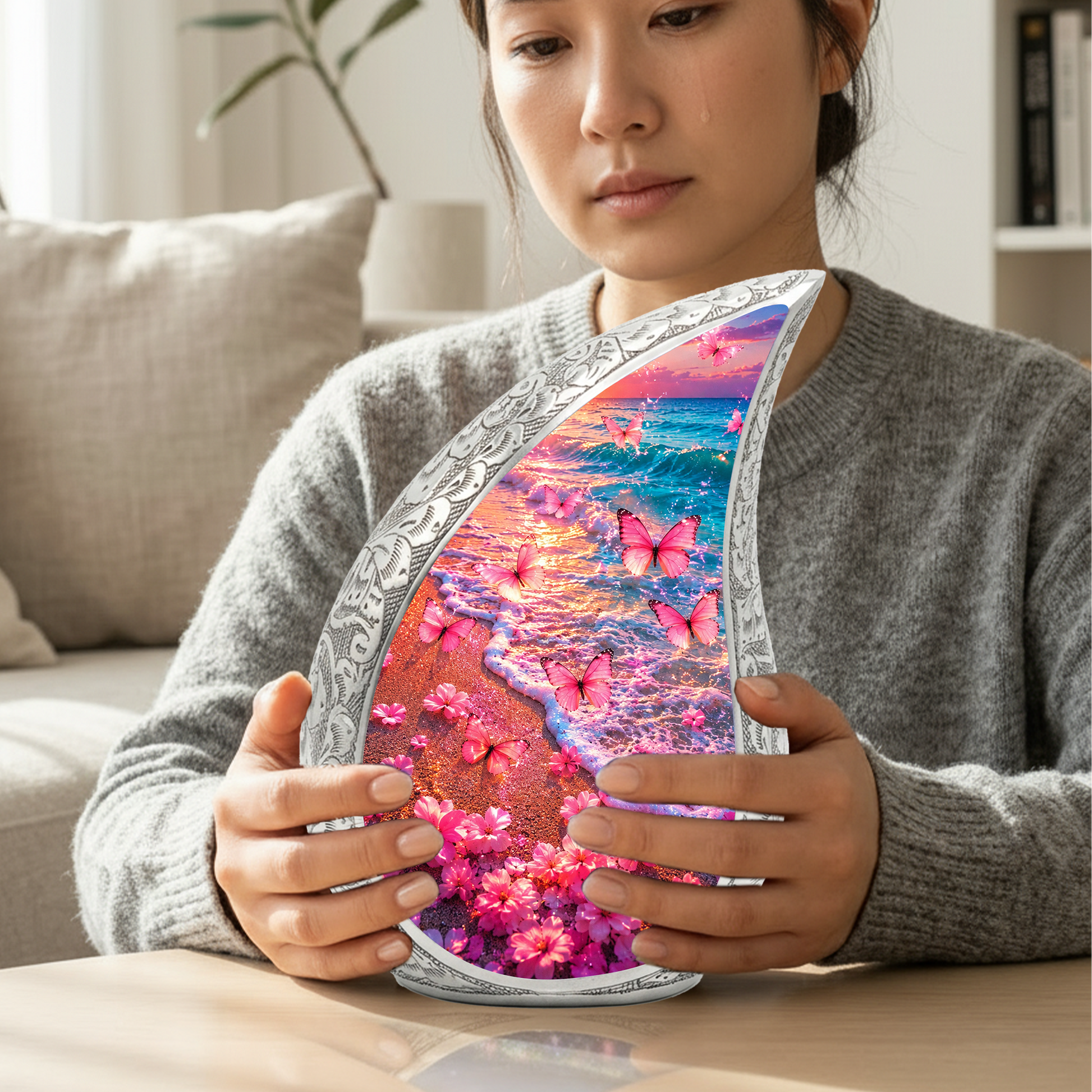 Pink Butterfly Beach Ocean Urn for Human Ashes | Butterfly Cremation Urn for Mom,