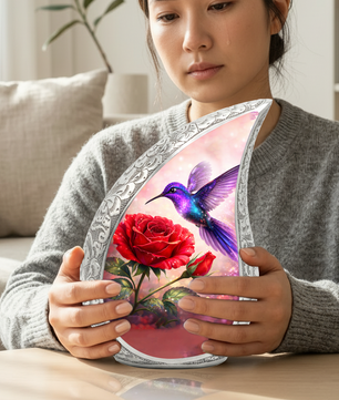 Hummingbird Rose Personalized Cremation Urn – Teardrop Style Aluminum Memorial Urn, 10 Inch