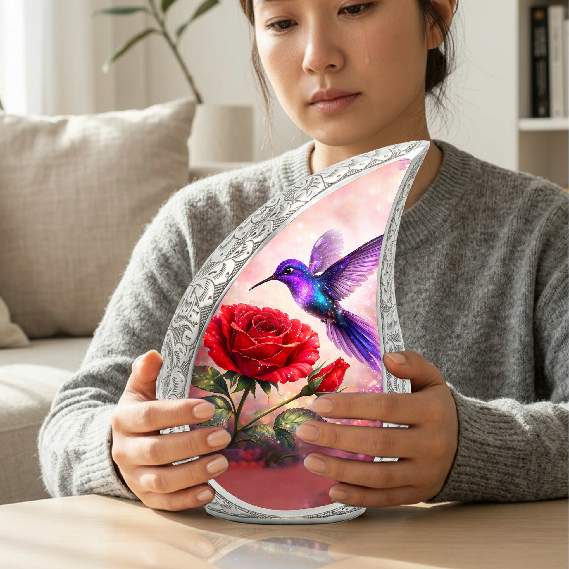 Hummingbird Rose Personalized Cremation Urn – Teardrop Style Aluminum Memorial Urn, 10 Inch