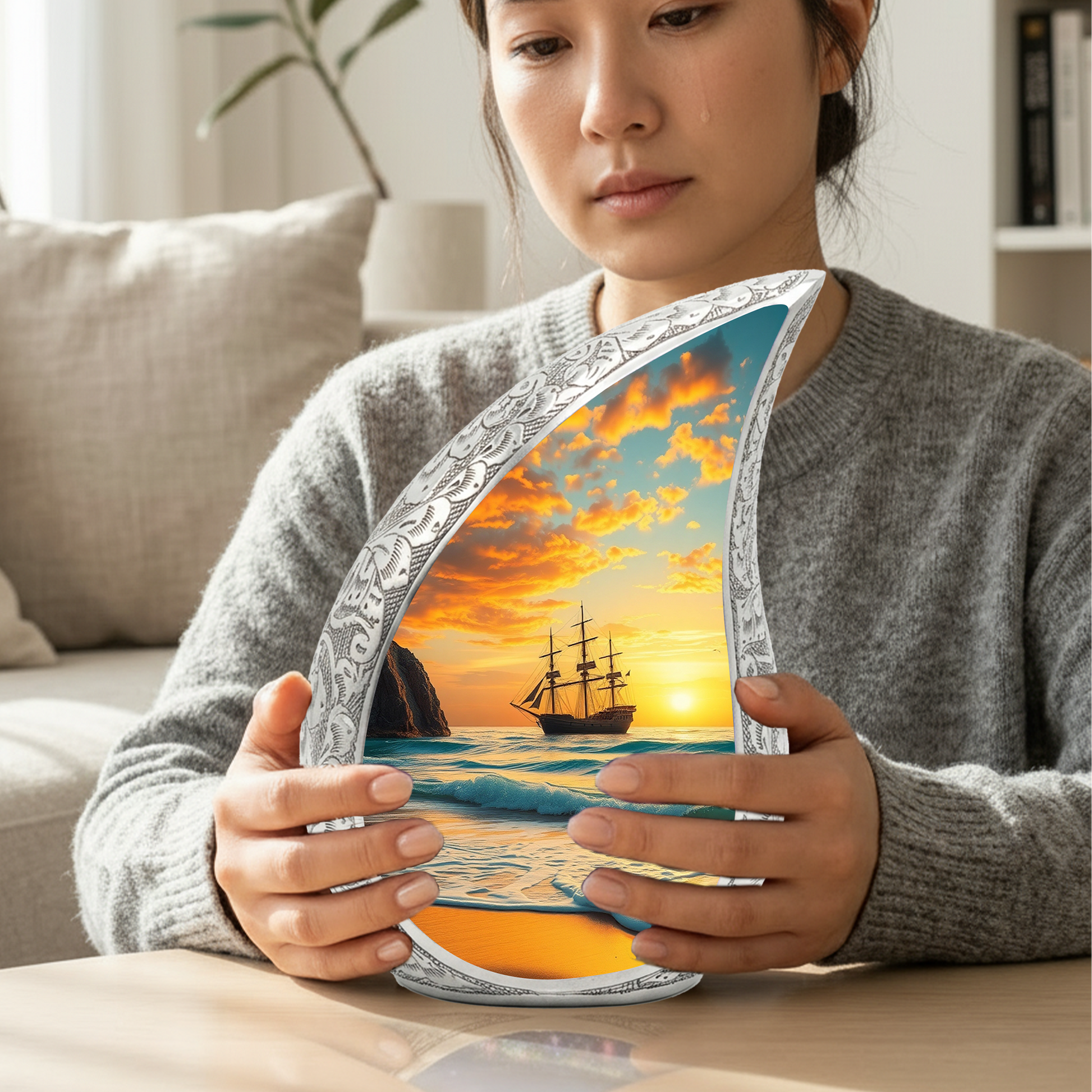 Sunset Sailing Personalized Cremation Urn – Teardrop Style Aluminum Memorial Urn, 10 Inch