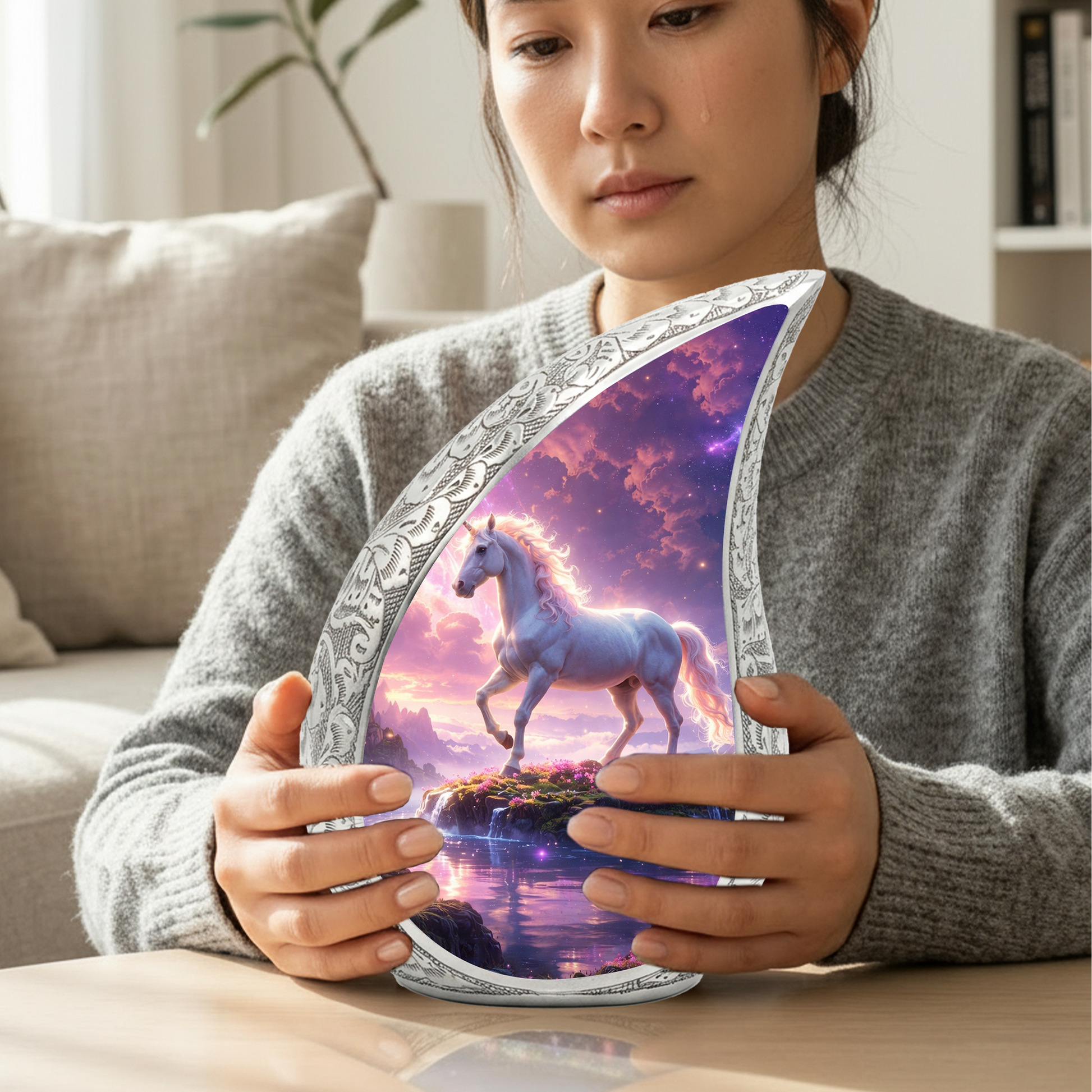 Majestic Horse Personalized Cremation Urn – Teardrop Style Aluminum Memorial Urn, 10 Inch