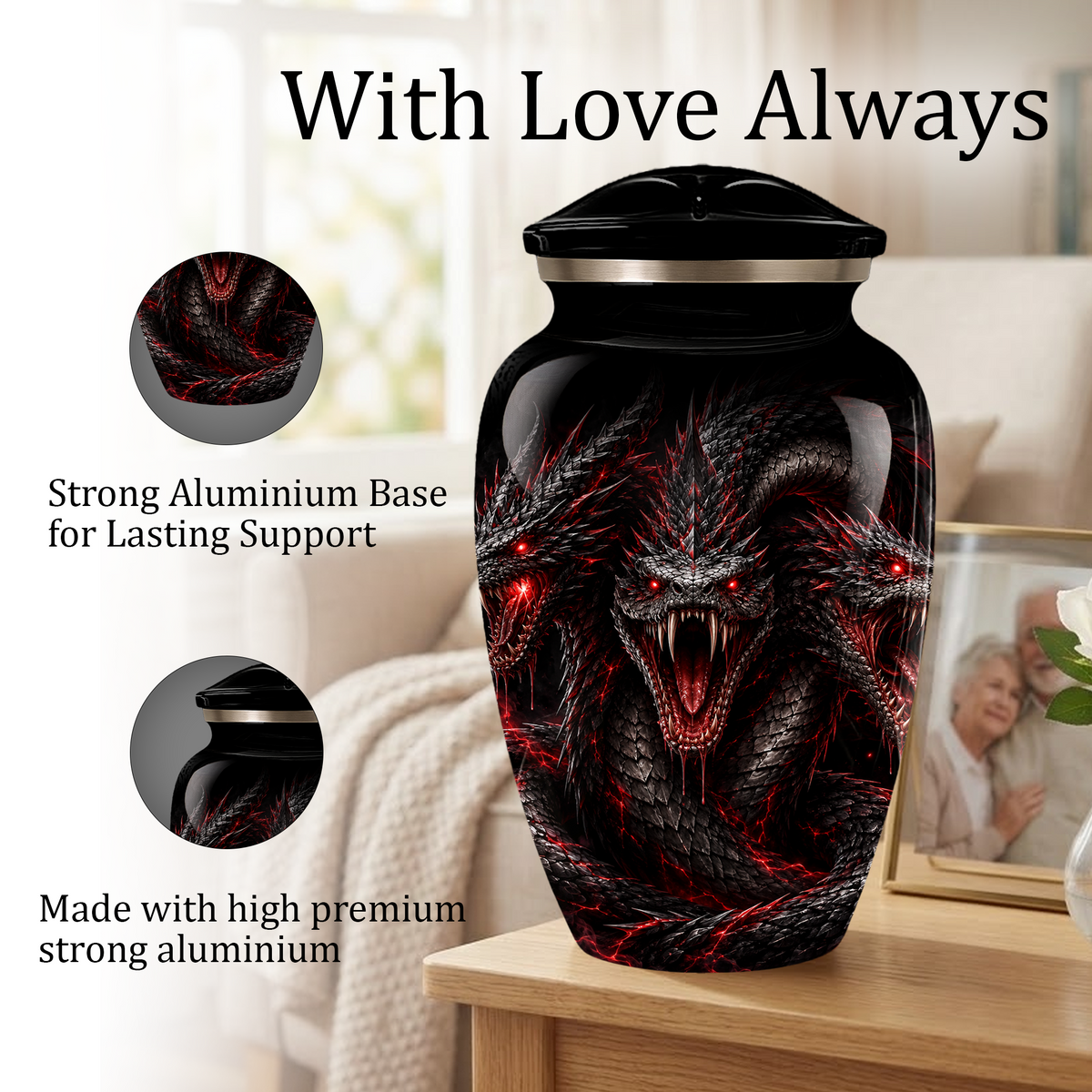 Three-Headed Dragon Cremation Urn – Black & Red Dragon Adult Memorial Urn for Ashes