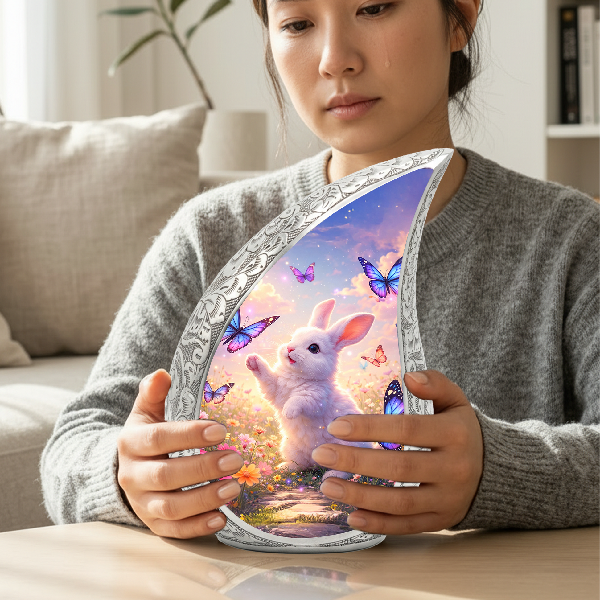 Personalized Cat Cremation Urn – Butterfly Garden Teardrop Memorial Urn, 10 Inch Aluminum
