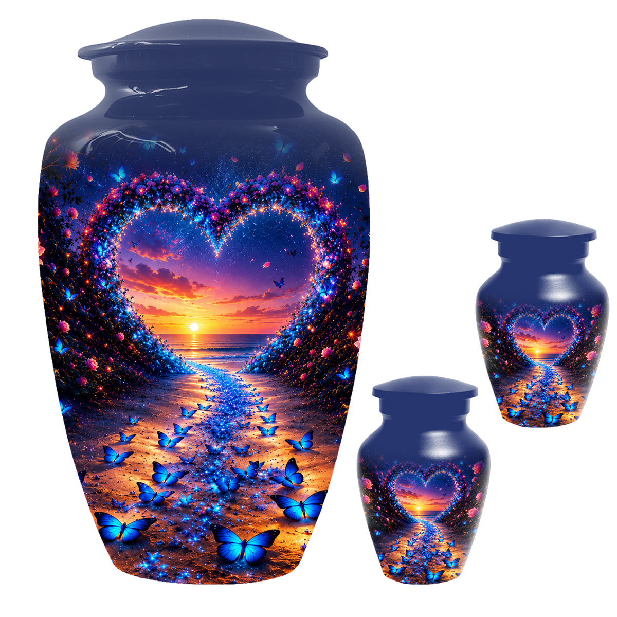 Blue Butterfly Cremation Urn for Ashes - Heart Beach Sunset Keepsake Urns