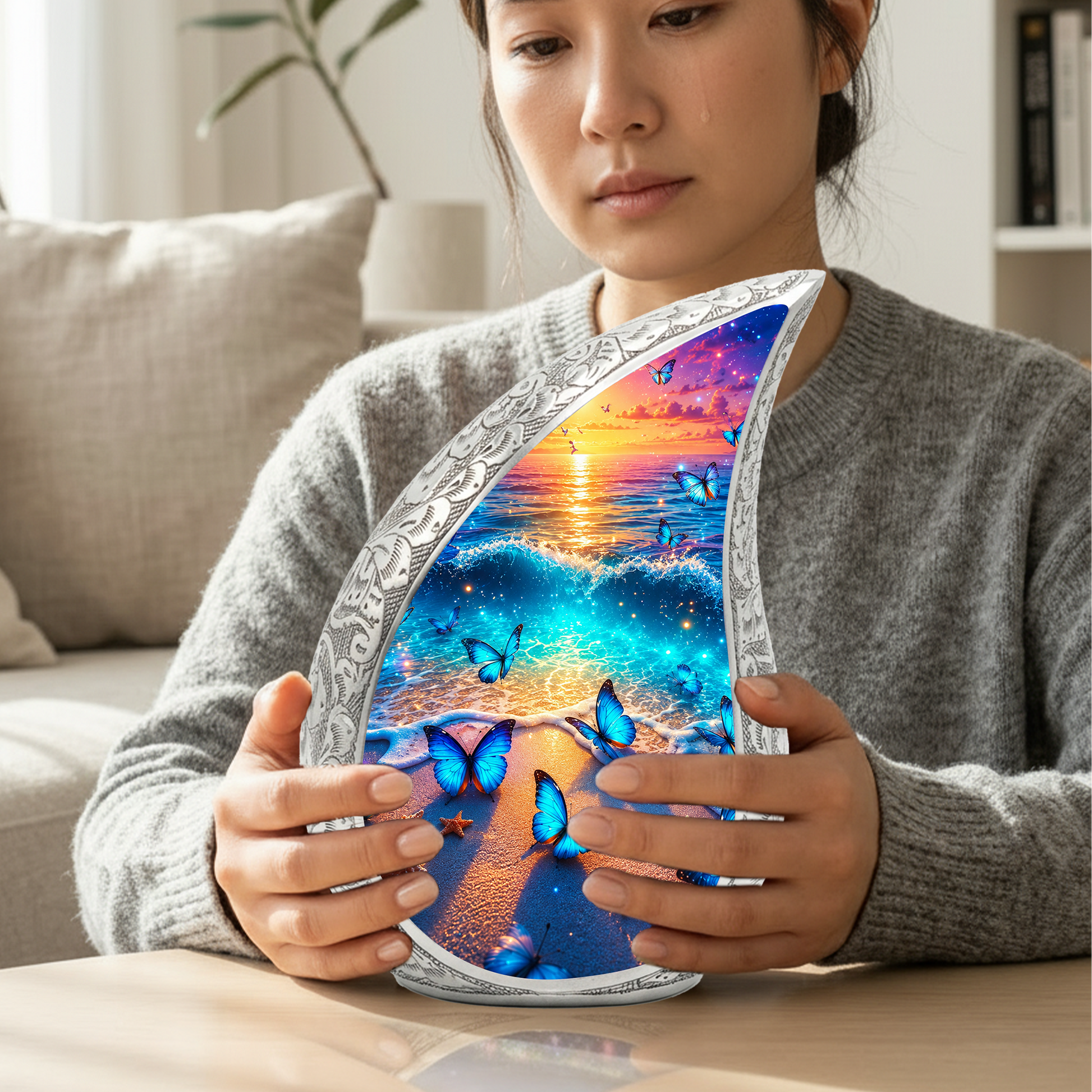 Butterfly Beach Urn for Human Ashes | Ocean Sunset Adult Cremation Urn | Beautiful Memorial Urn