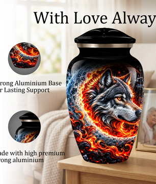 Personalized Wolf Cremation Urn for Ashes, Fiery Wolf Adult Memorial Urn,  Custom Adult Urn