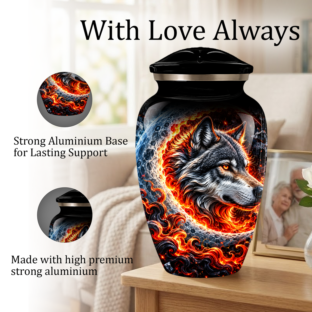Personalized Wolf Cremation Urn for Ashes, Fiery Wolf Adult Memorial Urn,  Custom Adult Urn