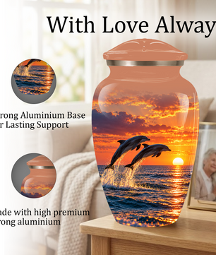 Dolphin Cremation Urn for Ashes, Ocean Sunset Design, Custom Adult Urn for Loved Ones