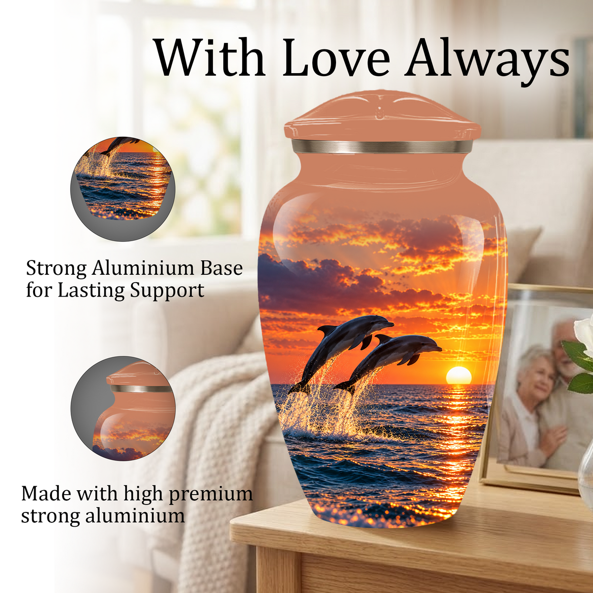 Dolphin Cremation Urn for Ashes, Ocean Sunset Design, Custom Adult Urn for Loved Ones