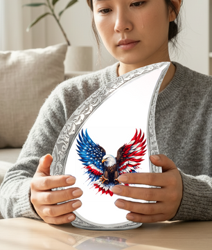 Personalized Patriotic Eagle Cremation Urn – Custom Memorial Urn for Dad, American Bald Eagle Teardrop Aluminum Adult Urn for Ashes, 10 Inch