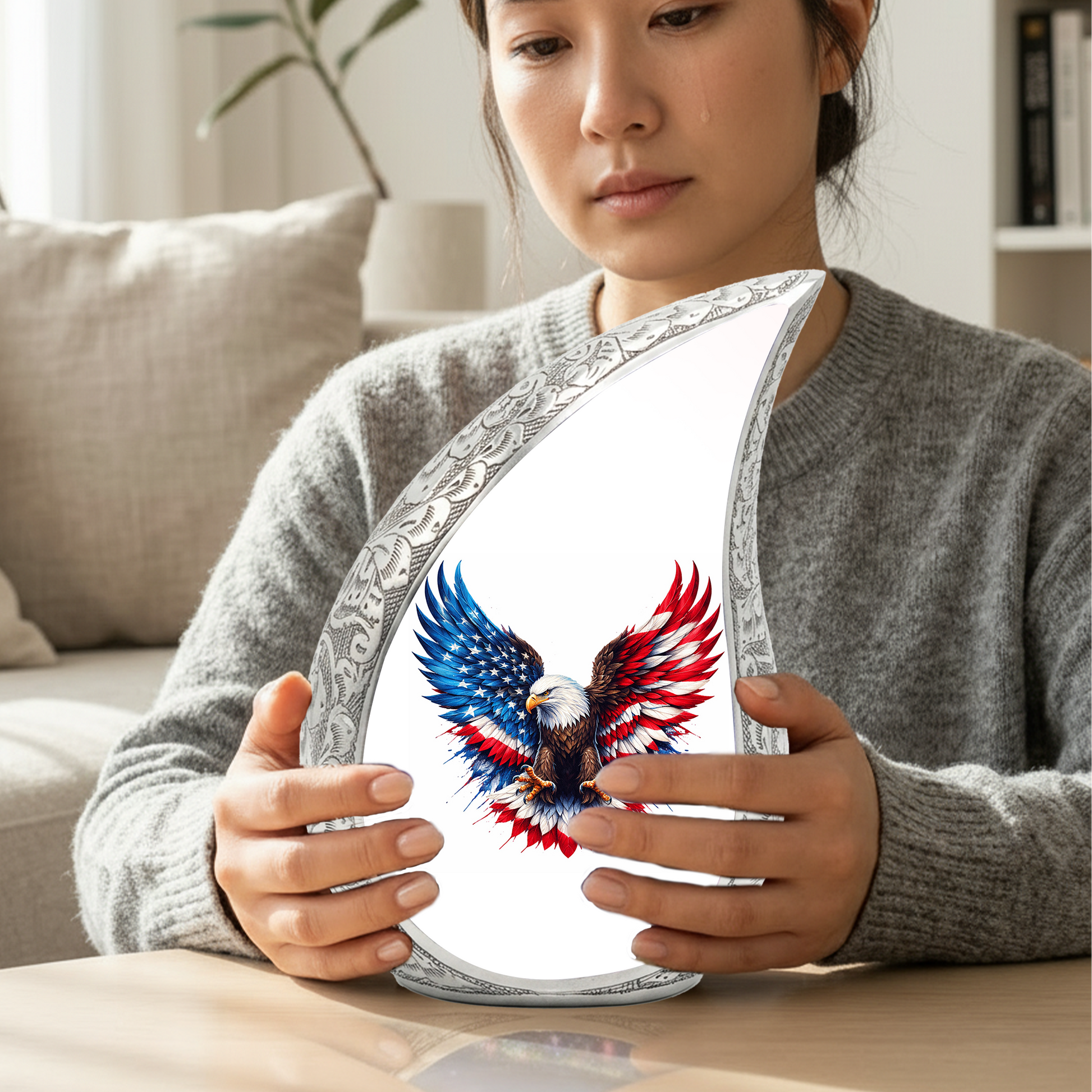 Personalized Patriotic Eagle Cremation Urn – Custom Memorial Urn for Dad, American Bald Eagle Teardrop Aluminum Adult Urn for Ashes, 10 Inch