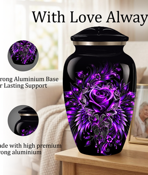 Purple Rose Adult Urn for Ashes – Gothic Floral Design Black Cremation Urn for Adults