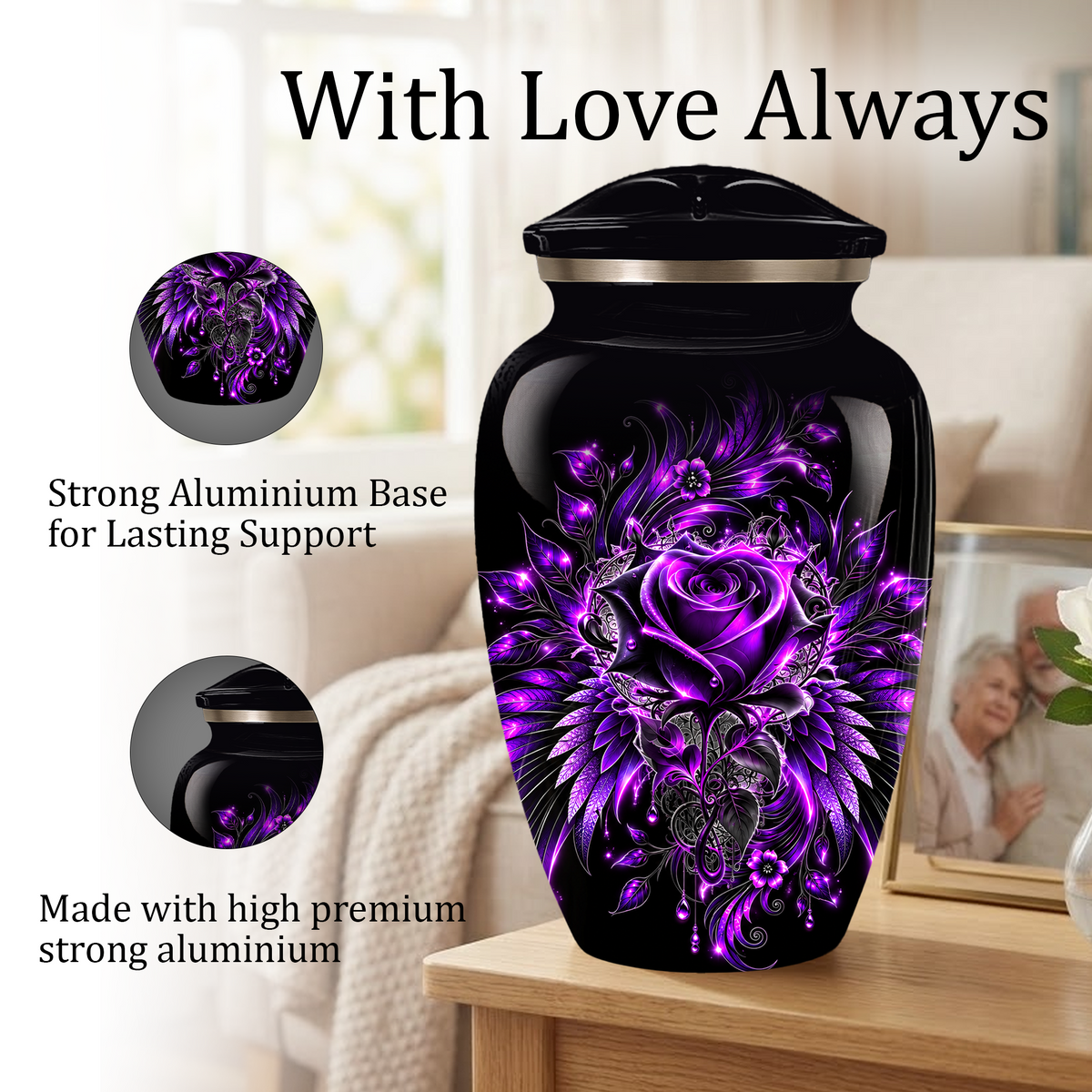 Purple Rose Adult Urn for Ashes – Gothic Floral Design Black Cremation Urn for Adults