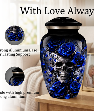 Blue Rose Skull Adult Urn for Ashes – Memorial Cremation Urn for Adults,