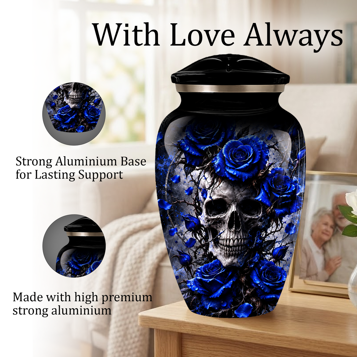 Blue Rose Skull Adult Urn for Ashes – Memorial Cremation Urn for Adults,