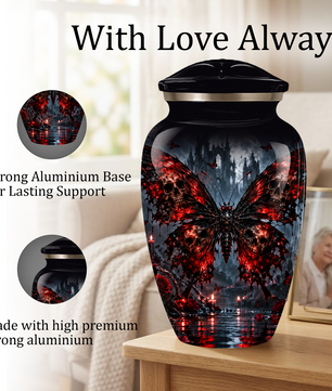 Gothic Butterfly Adult Urn for Ashes – Red & Black Skull Butterfly Cremation Urn for Adults