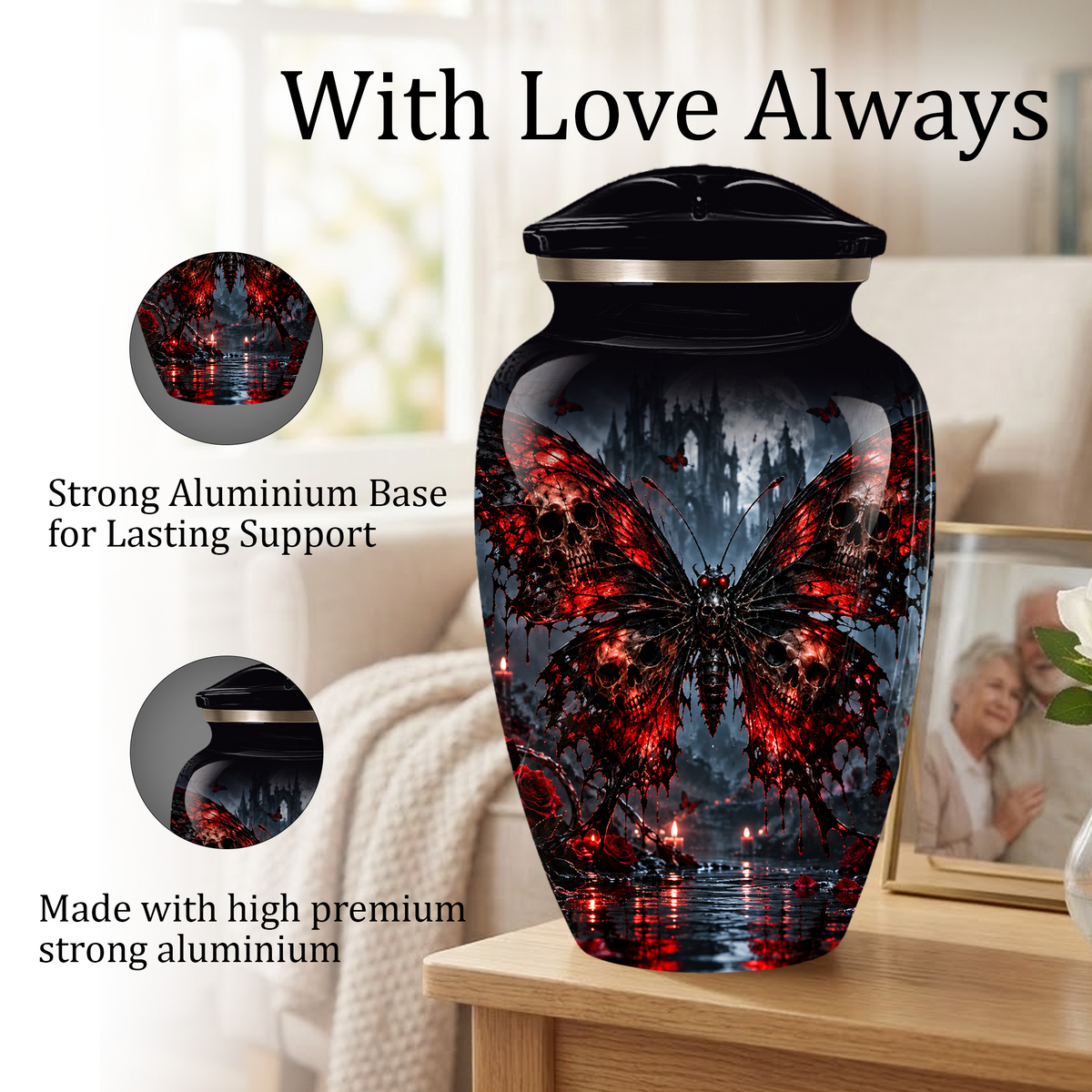 Gothic Butterfly Adult Urn for Ashes – Red & Black Skull Butterfly Cremation Urn for Adults