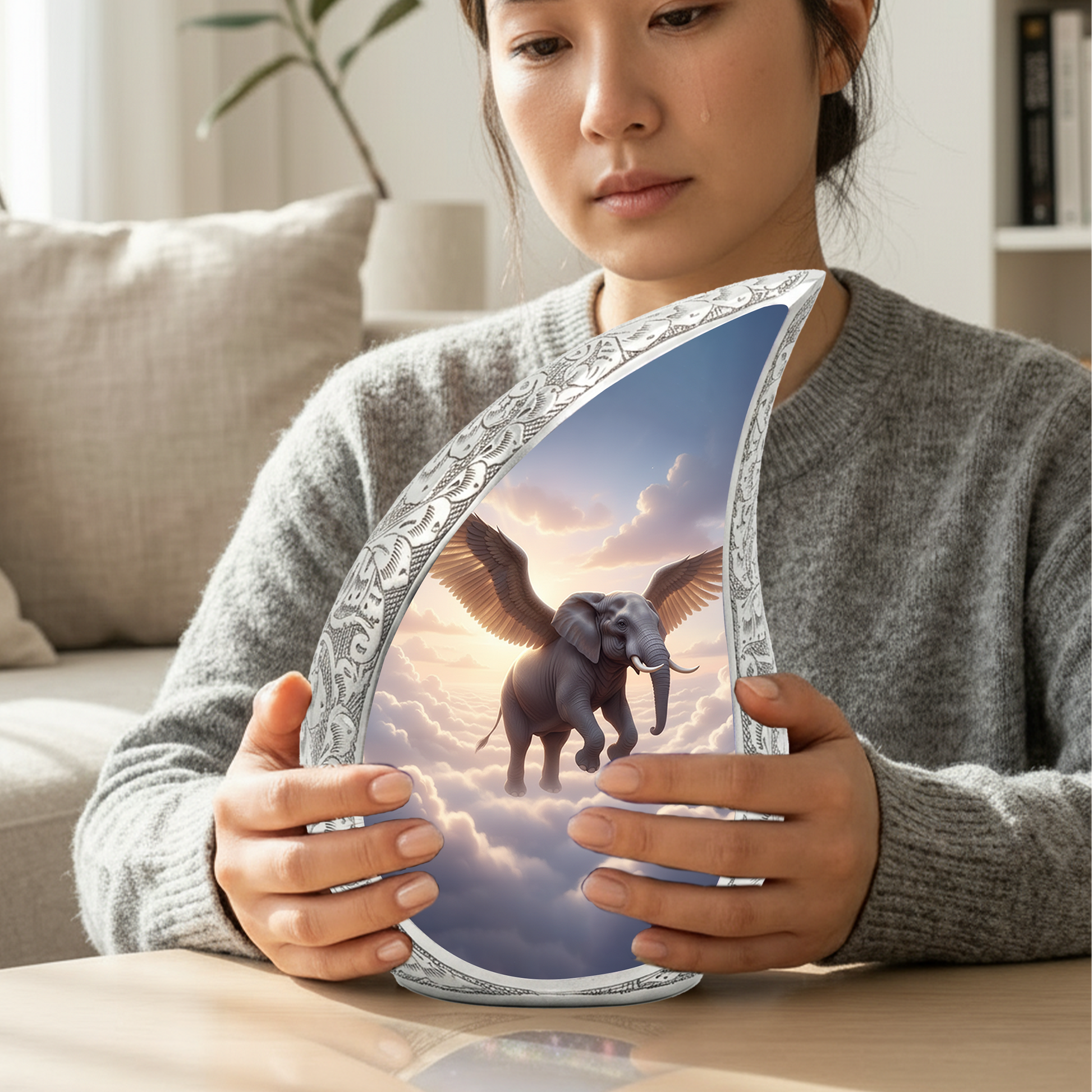 Heavenly Elephant Personalized Cremation Urn – Teardrop Memorial Urn for Ashes | 10 Inch Aluminum Adult Urn