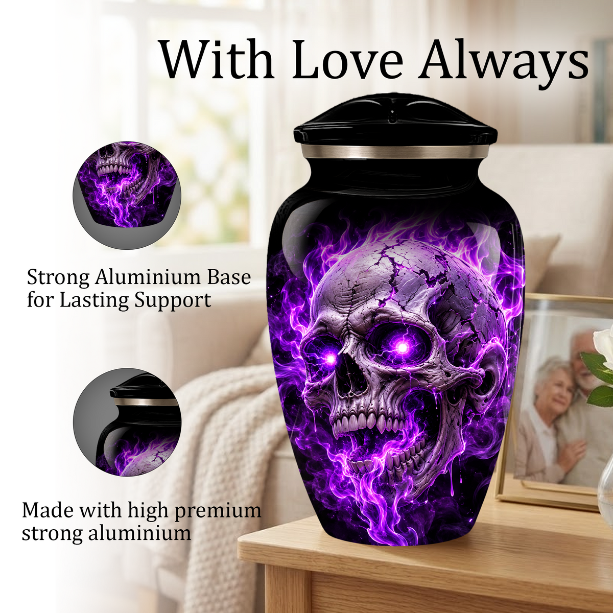 Adult Cremation Urn – Purple Skull & Flames Memorial Urn for Adult Ashes