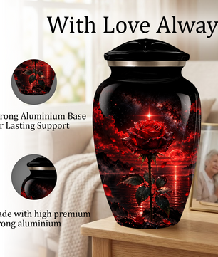 Red Rose Cremation Urn – Romantic Memorial Adult Urn for Ashes with Sunset Design