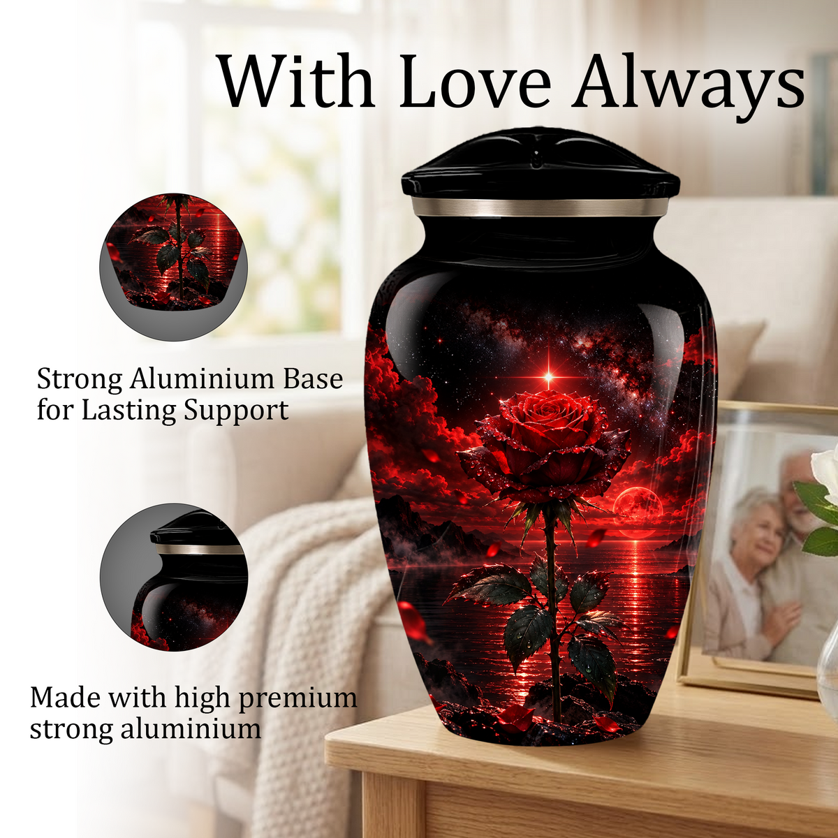 Red Rose Cremation Urn – Romantic Memorial Adult Urn for Ashes with Sunset Design