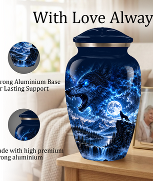 Personalized Adult Cremation Urn for Ashes, Blue Lightning Wolf Memorial Urn, Custom Wolf Howling at Moon Urn