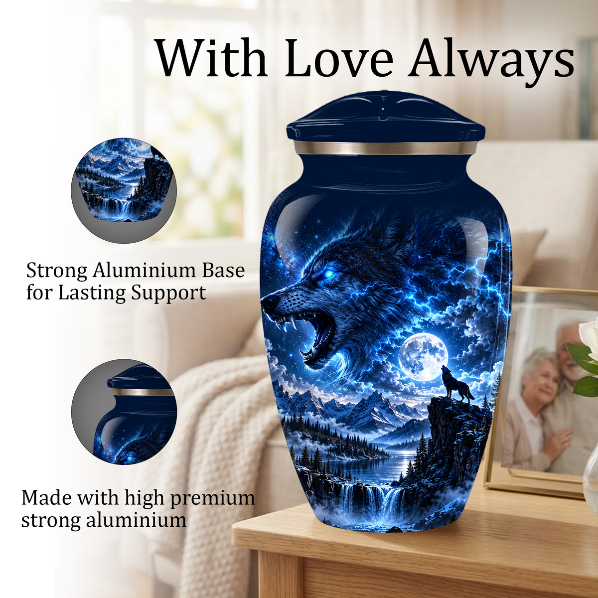 Personalized Adult Cremation Urn for Ashes, Blue Lightning Wolf Memorial Urn, Custom Wolf Howling at Moon Urn