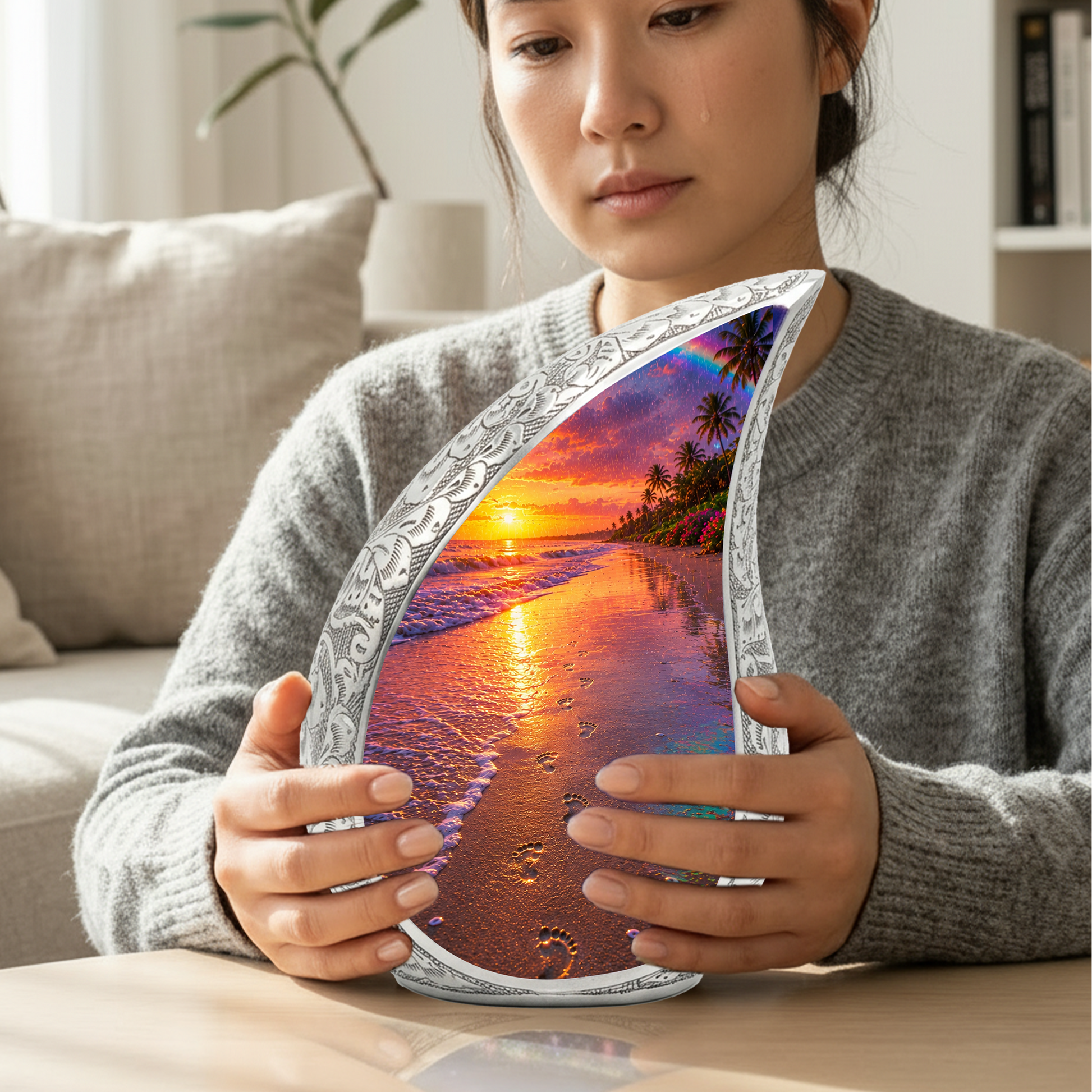 Ocean Beach Sunset Urn for Human Ashes | Tropical Beach Cremation Urn, Ocean Theme Memorial Urn