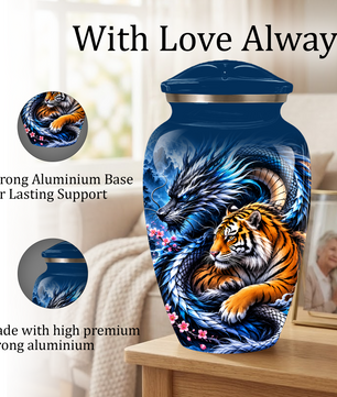 Blue Dragon and Tiger Cremation Urn for Adult Ashes, Fantasy Animal Memorial Urn