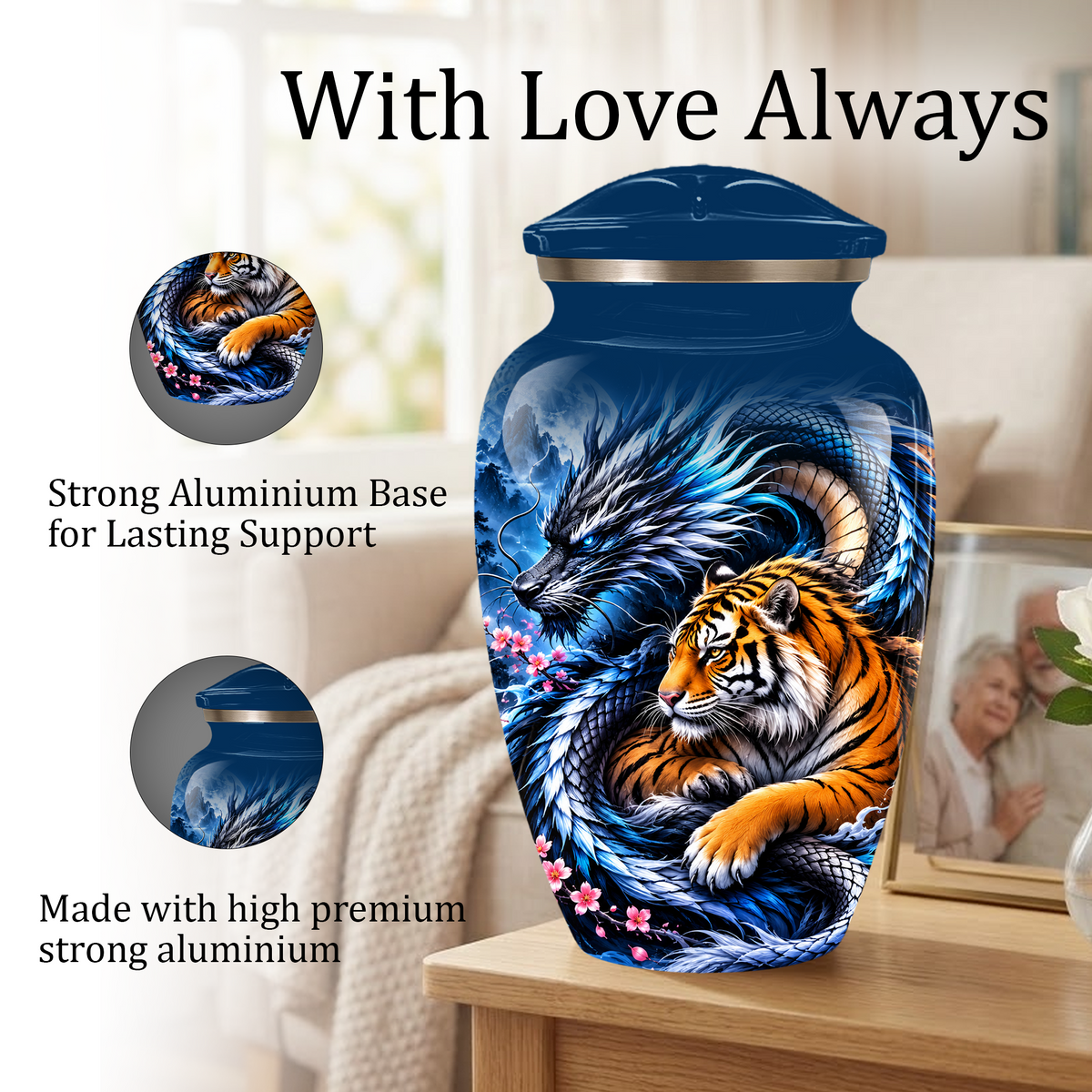 Blue Dragon and Tiger Cremation Urn for Adult Ashes, Fantasy Animal Memorial Urn