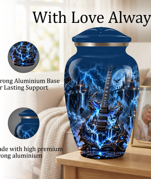 Gothic Electric Guitar Cremation Urn for Ashes, Blue Fantasy Musician Urn, Custom Guitar Urn