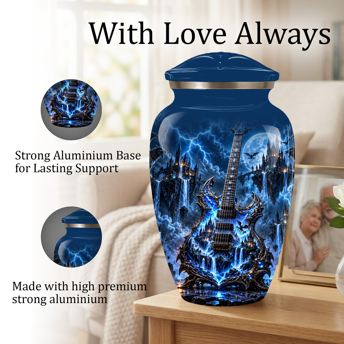 Gothic Electric Guitar Cremation Urn for Ashes, Blue Fantasy Musician Urn, Custom Guitar Urn