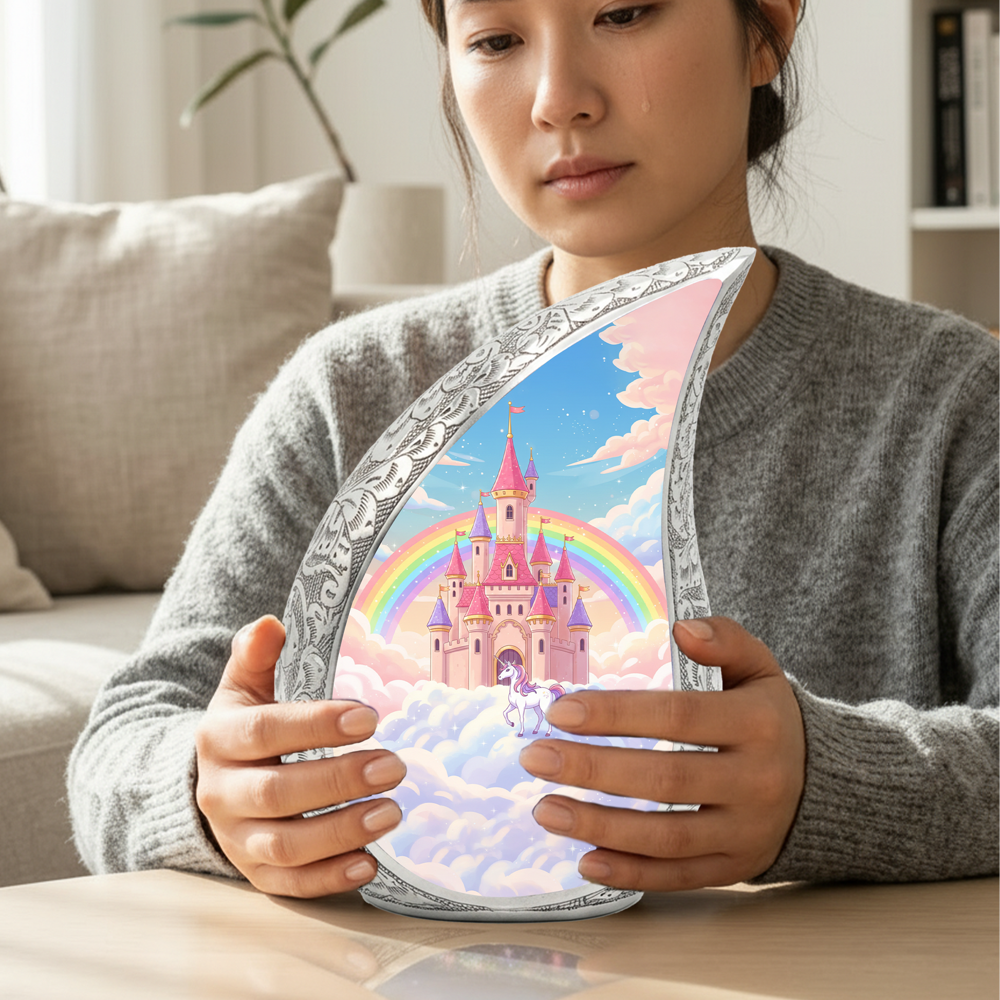 Rainbow Castle Unicorn Memorial Urn | Child Keepsake Urn | Baby Memorial Urn for Ashes