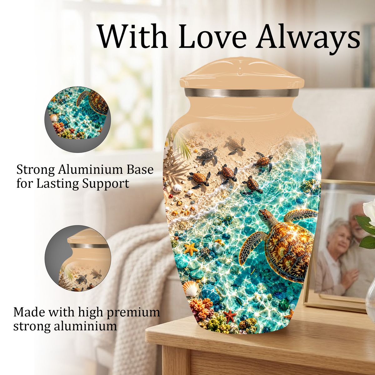 Personalized Sea Turtle Memorial Urn, Aluminum Ocean Beach Urn for Human Ashes