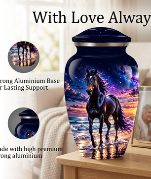 Personalized Adult Cremation Urn for Ashes, Custom Horse Memorial Urn, Black Horse with Purple Mane and Galaxy Sunset Design