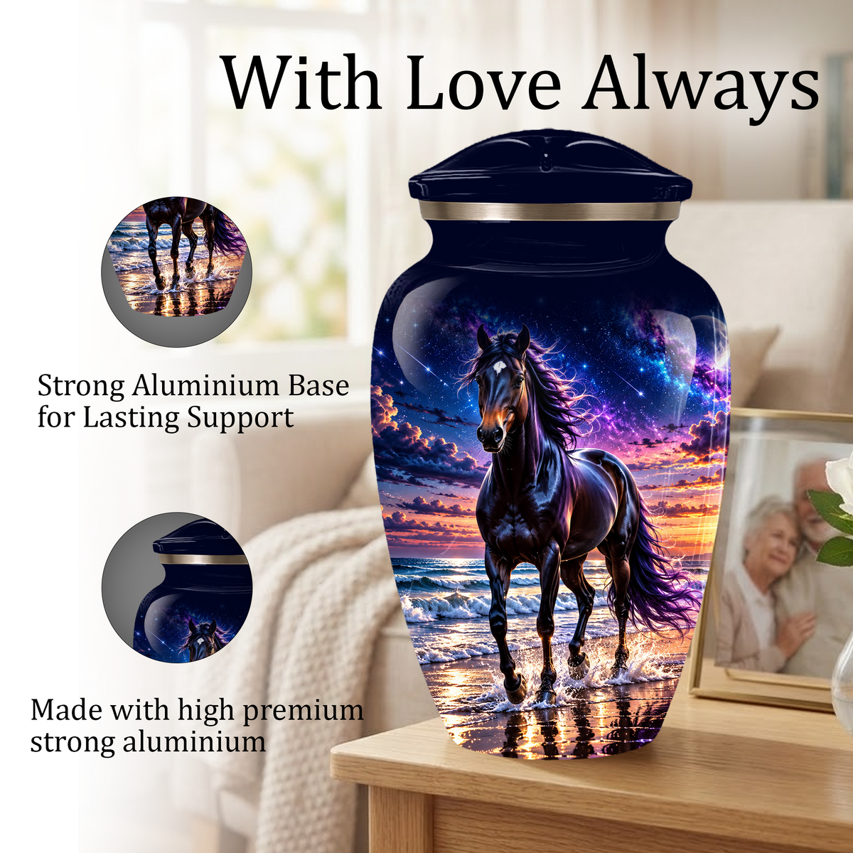 Personalized Adult Cremation Urn for Ashes, Custom Horse Memorial Urn, Black Horse with Purple Mane and Galaxy Sunset Design