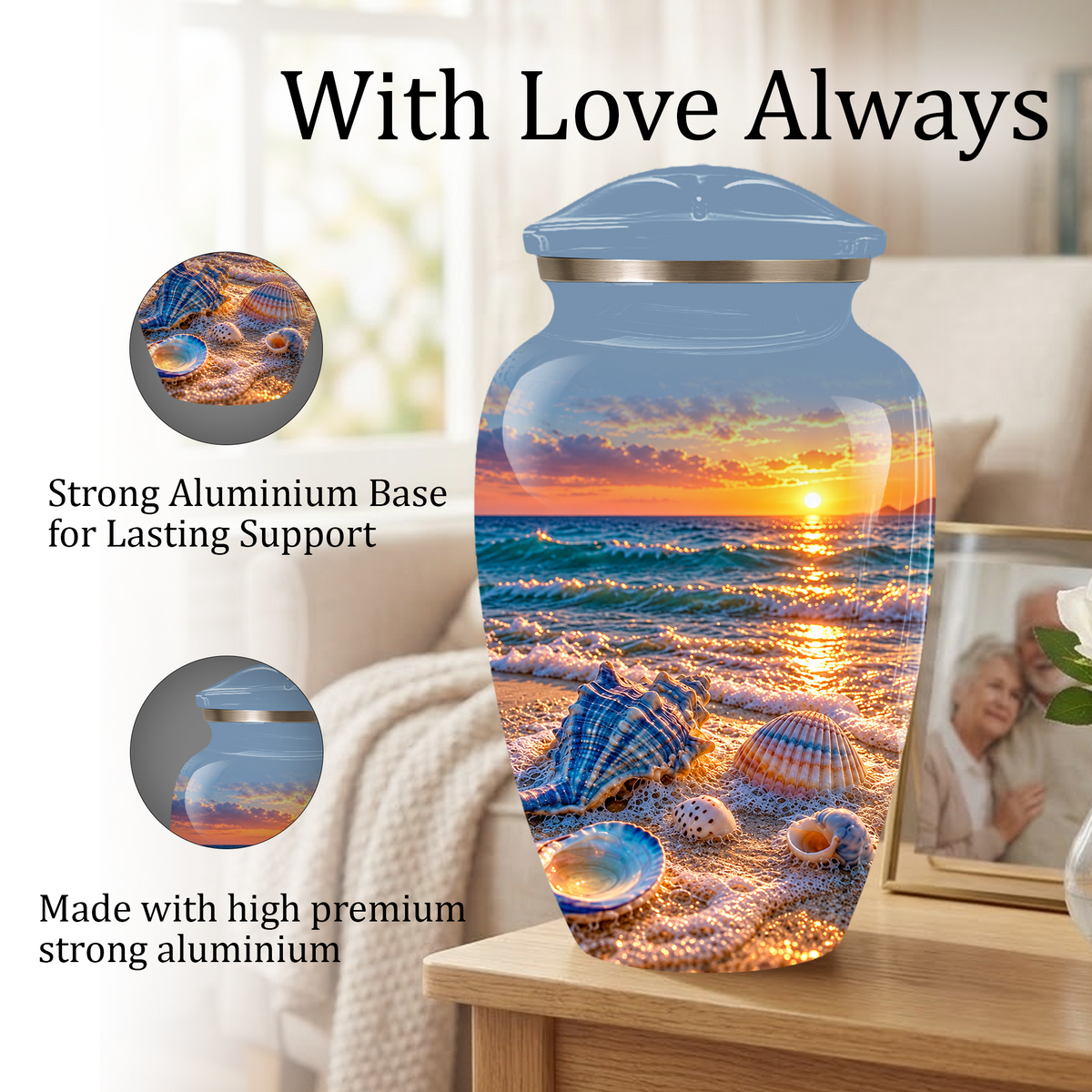 Adult Cremation Urn for Ashes, Personalized Seashell Beach Sunset Urn
