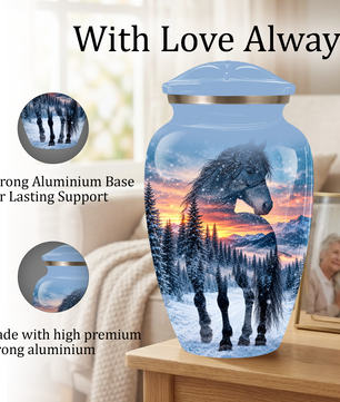Snowy Horse Cremation Urn for Adult Ashes, Black Horse in Winter Forest Memorial Urn, Personalized Urn for Human Ashes