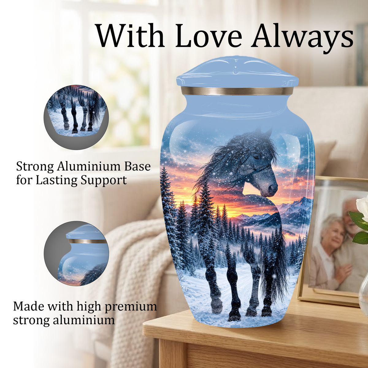 Snowy Horse Cremation Urn for Adult Ashes, Black Horse in Winter Forest Memorial Urn, Personalized Urn for Human Ashes