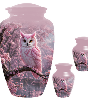Pink Owl Cremation Urn for Mom, Cherry Blossom Memorial Urns for Ashes