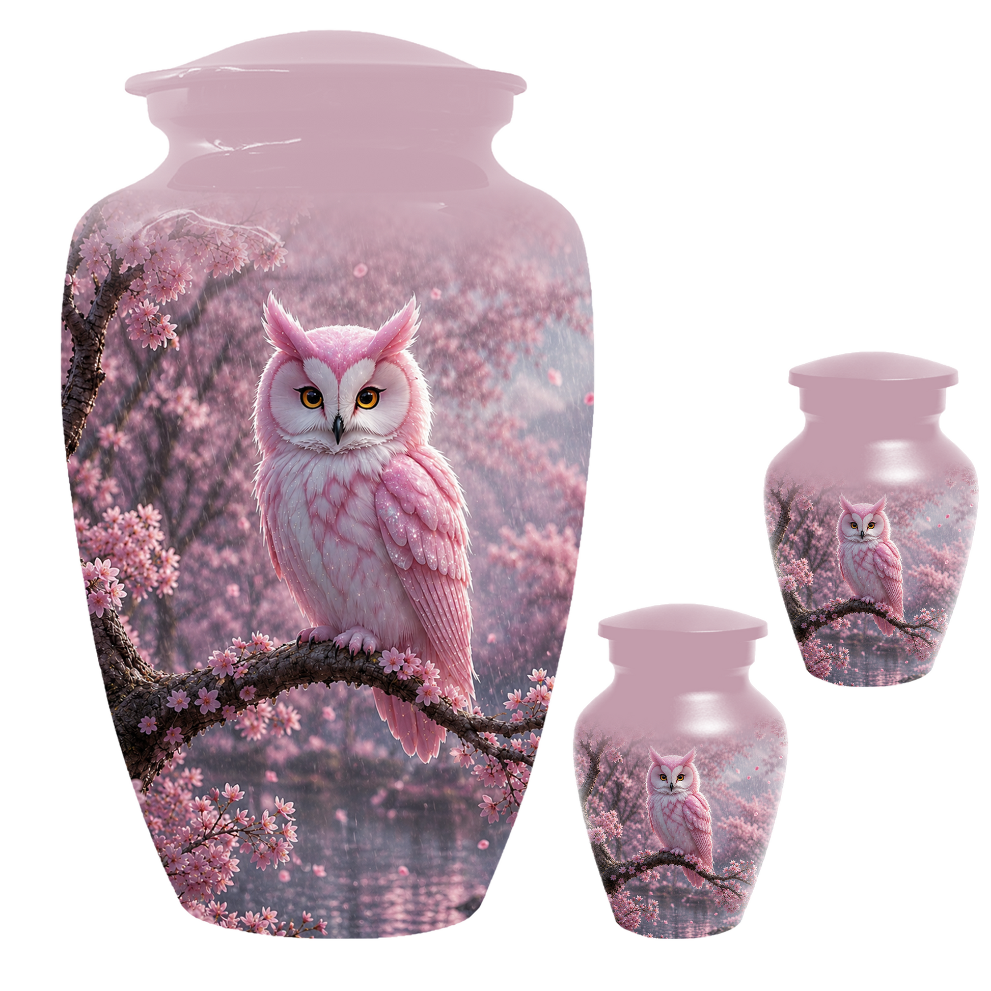 Pink Owl Cremation Urn for Mom, Cherry Blossom Memorial Urns for Ashes