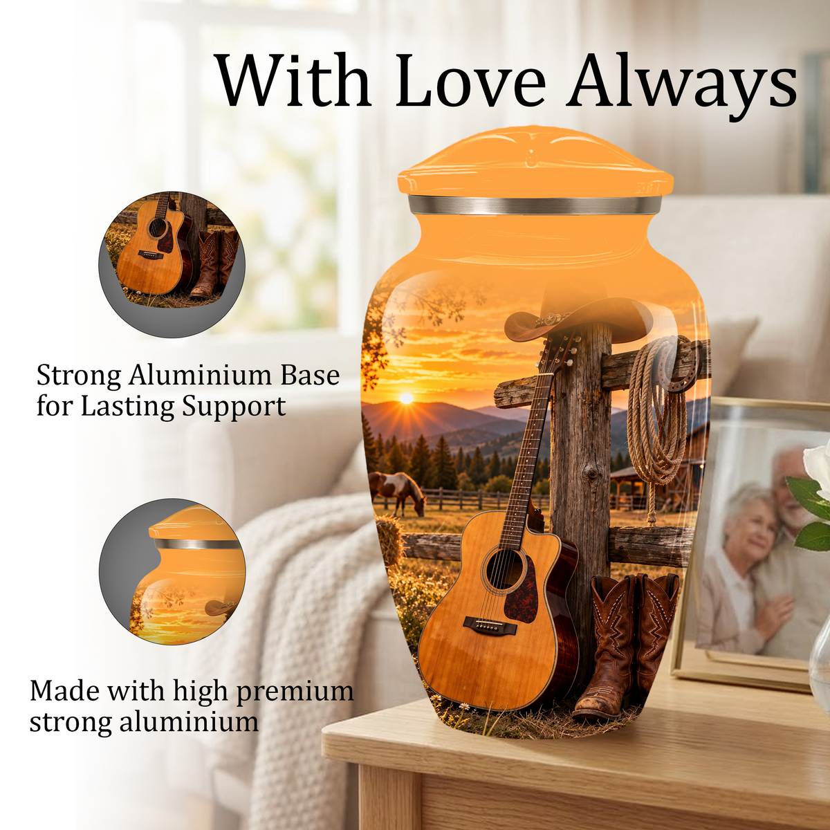 Personalized Cowboy Cremation Urn for Ashes, Country Music Guitar Design, Custom Adult Urn