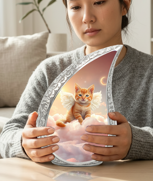 Personalized Cat Cremation Urn – Angel Cat Memorial Teardrop Urn, 10 Inch Aluminum